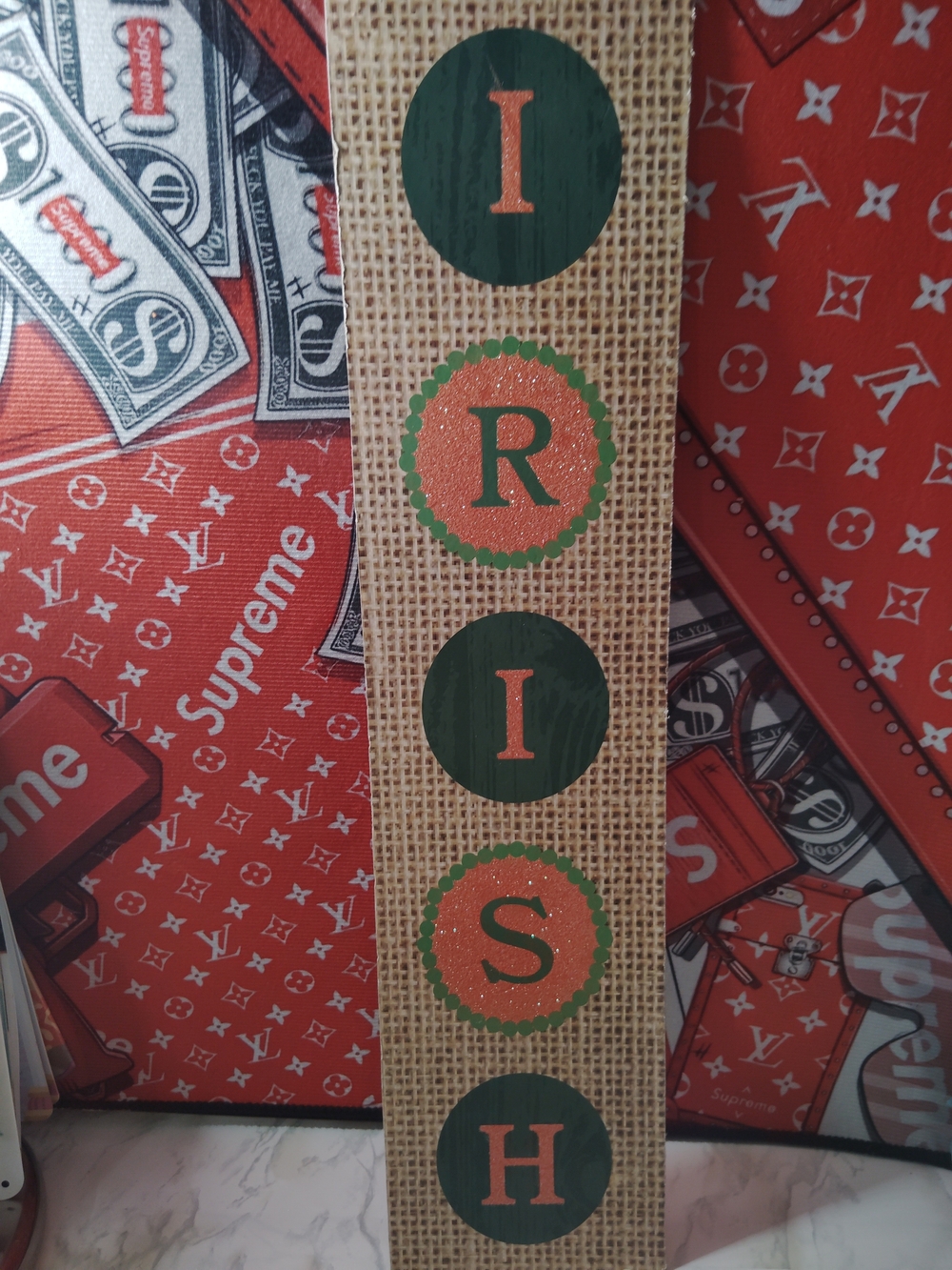 'IRISH' Burlap Wall Sign - Green & Glitter Orange Letters